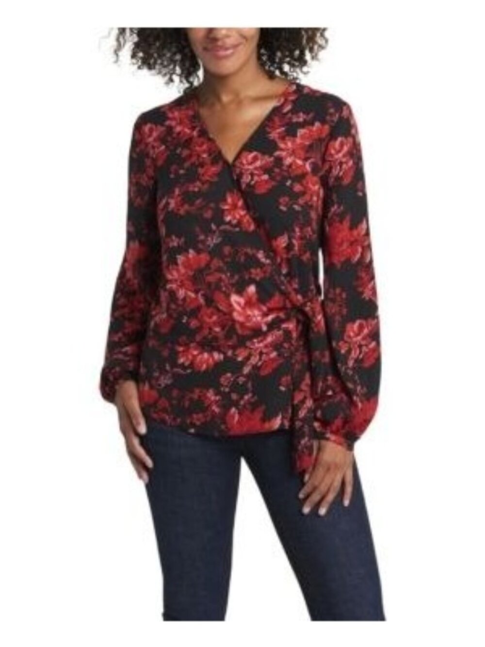 Vince Camuto Womens Floral Long Sleeve Surplice Wrap Top Black Size XS NWT